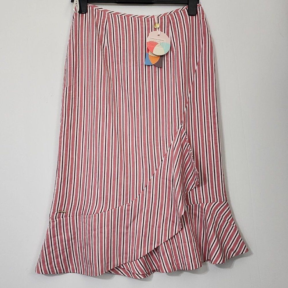 Colour By Numbers Ted Baker 2‎ (US 4-6) Coryn Pink Striped Asymmetric Midi Skirt